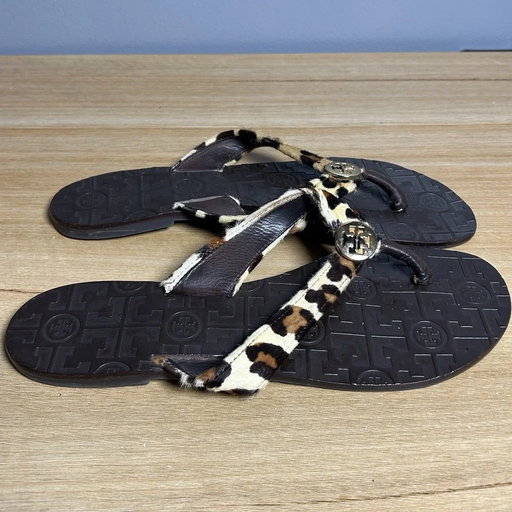 Tory Burch Pony Hair Black Brown Leopard Thong Logo Medallion Slip On Sandals